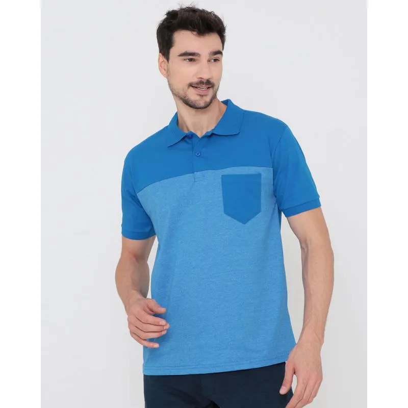 Polo Masculina Com Bolso e Recorte Lisa Azul GG