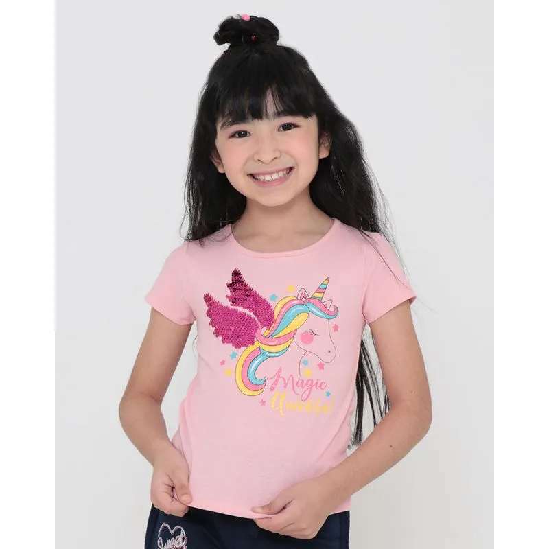 Blusa Infantil Com Paetê E Estampa Unicórnio Rosa 8