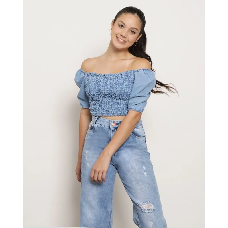Blusa Jeans Juvenil Ciganinha Com Lastex Azul 14