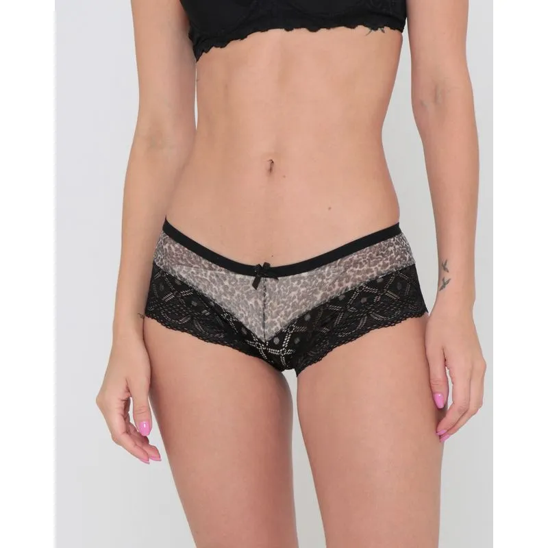 Calcinha Caleçon Com Renda E Tule Estampa Oncinha Preto G
