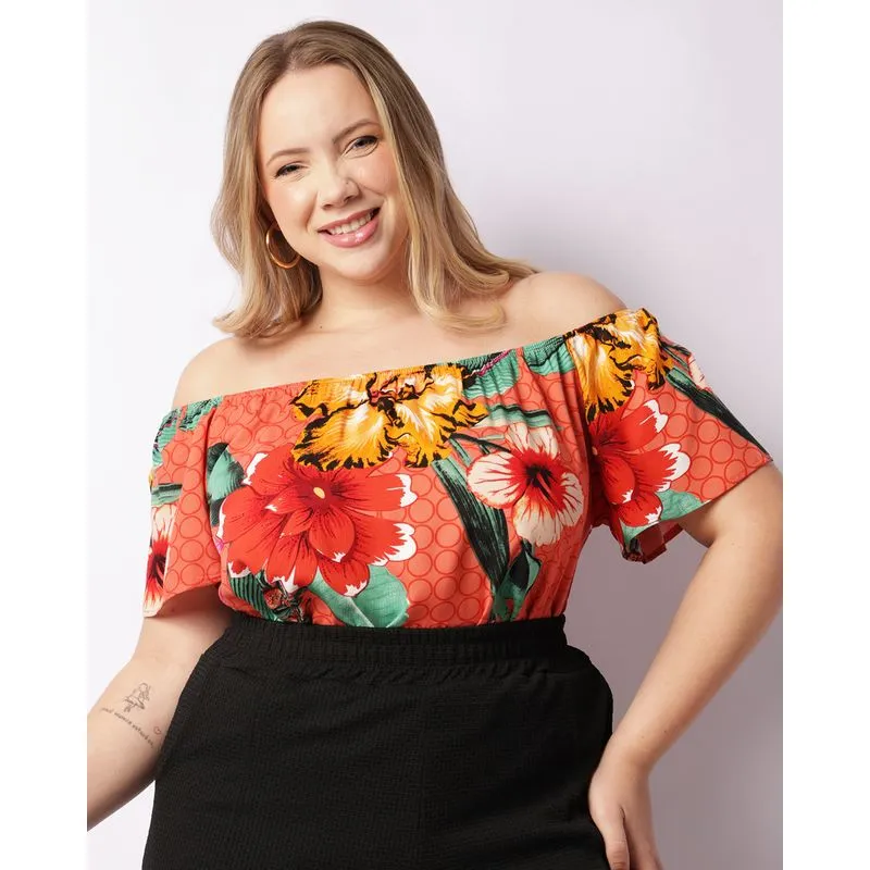 Blusa Plus Size Feminina Ciganinha Viscose Estampada Floral Laranja G3