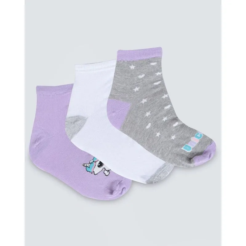 Kit de Meia Infantil 3 Pares Unicórnio Cinza Branca Lilás 22 A 25