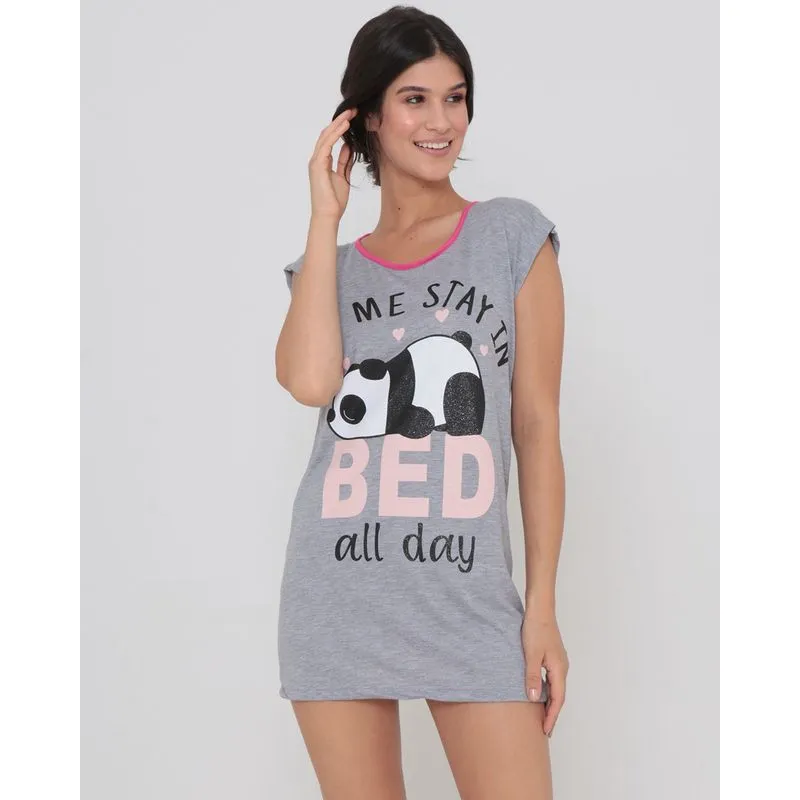 Camisola Manga Curta Estampa Panda Brilho Mescla Cinza M