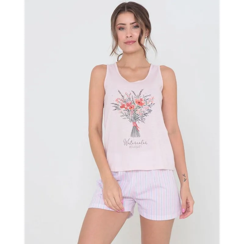 Pijama Feminino Com Brinde Scrunchie Estampa Floral Rosa GG