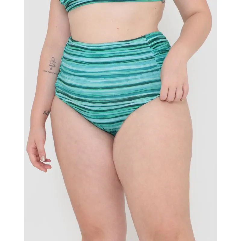Biquíni Calcinha Plus Size Avulsa Alta Franzida Listrada Verde 52
