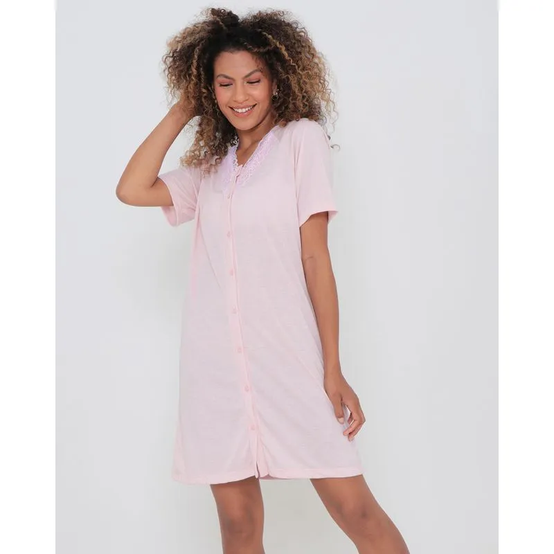 Camisola Decote Renda Manga Curta Lisa Rosa Claro G