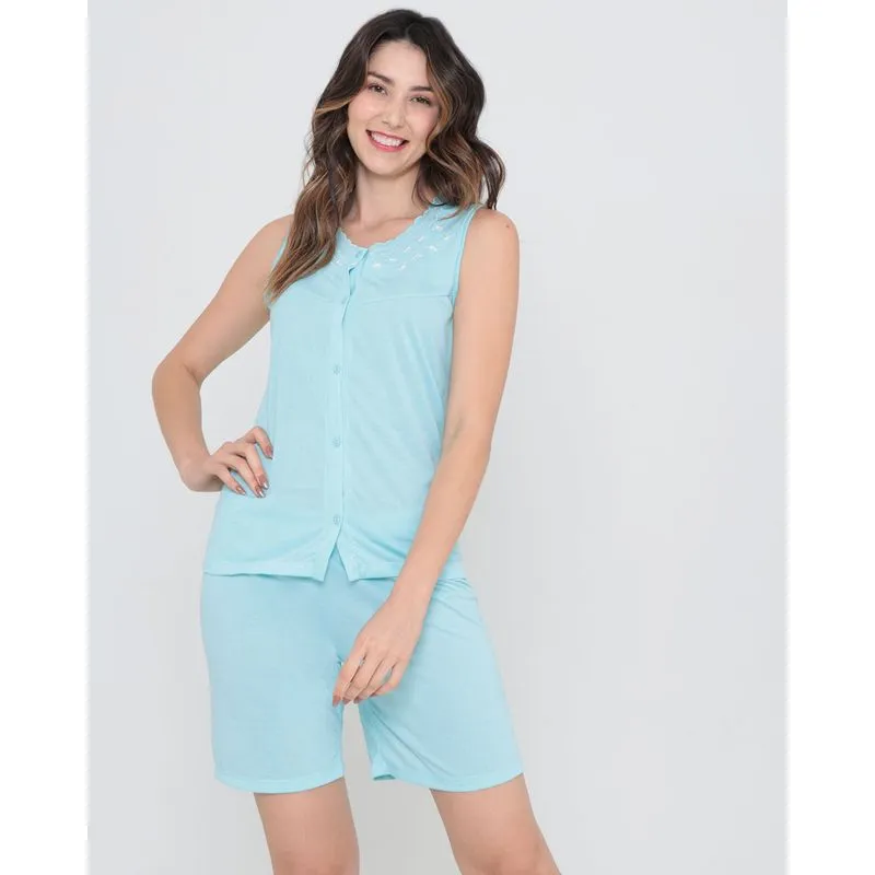 Pijama Feminino Curto Com Bordado Azul GG
