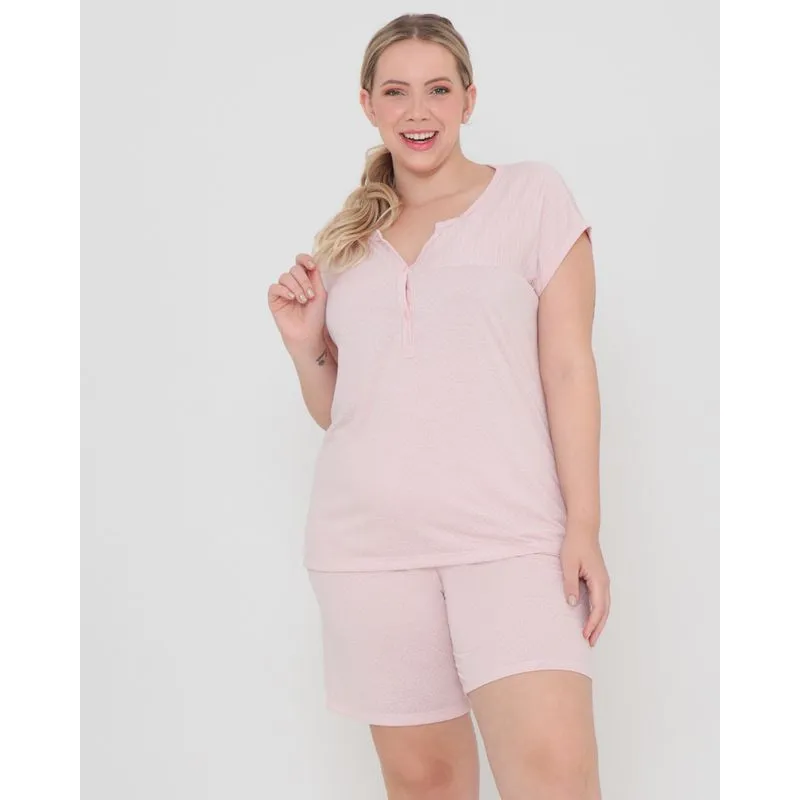 Pijama Feminino Plus Size Curto Estampado Bolinhas Rosa Claro G1