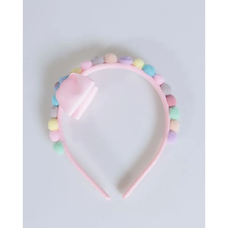 Tiara de Bebê Com Pompons e Lacinho Rosa Claro UN