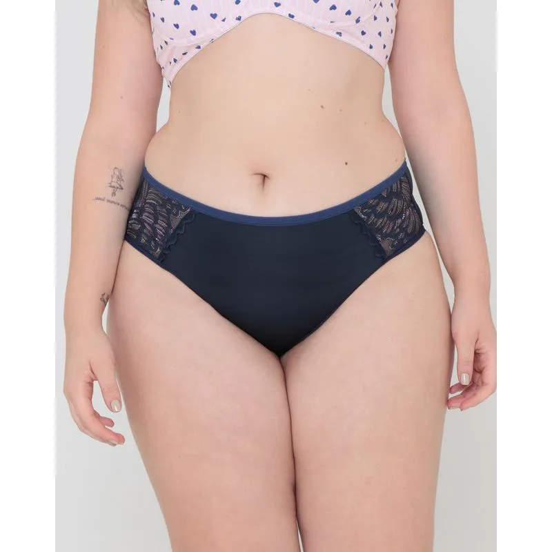 Calcinha Plus Size Alta Microfibra Com Renda Azul Marinho 50