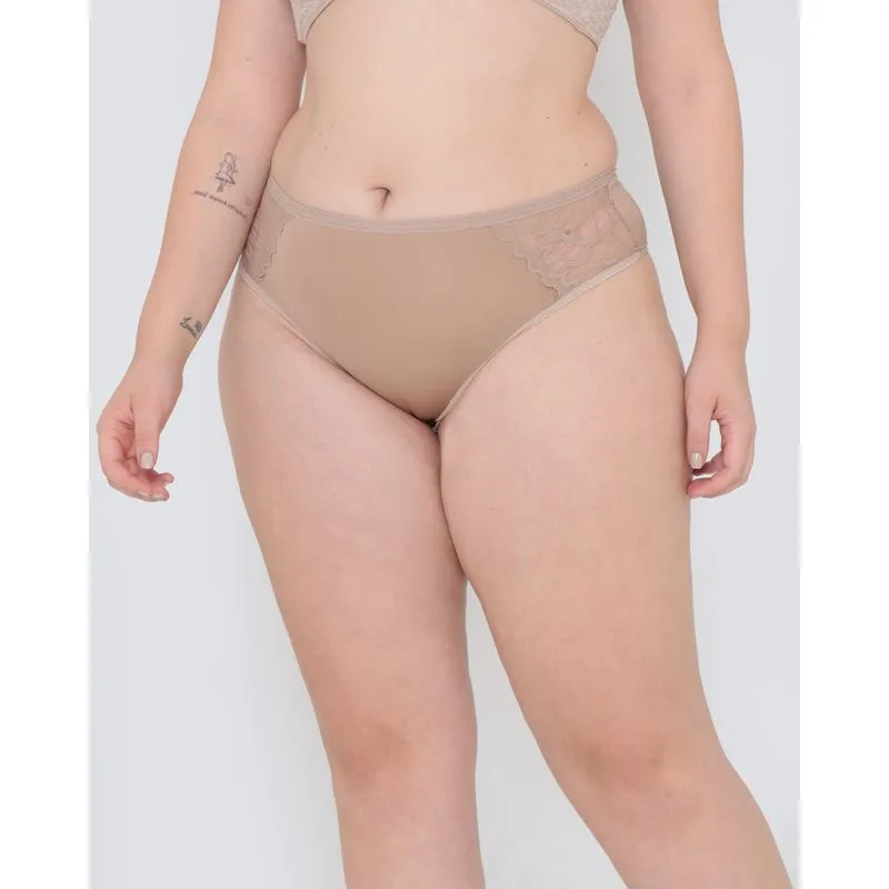 Calcinha Plus Size Alta Microfibra Com Renda Bege 50