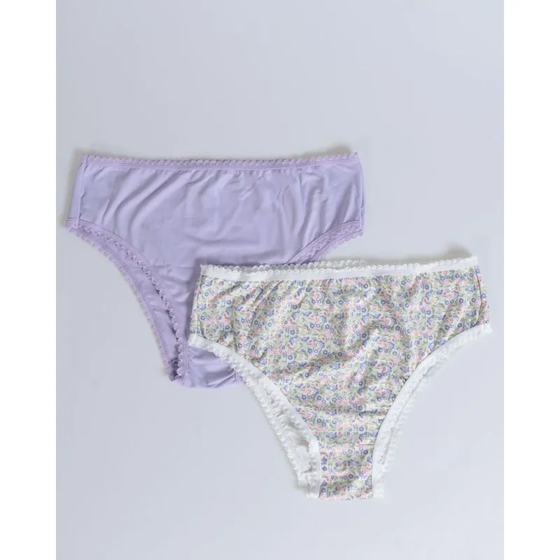 Kit 2 Peças Calcinha Alta Poliamida Floral Lilás GG