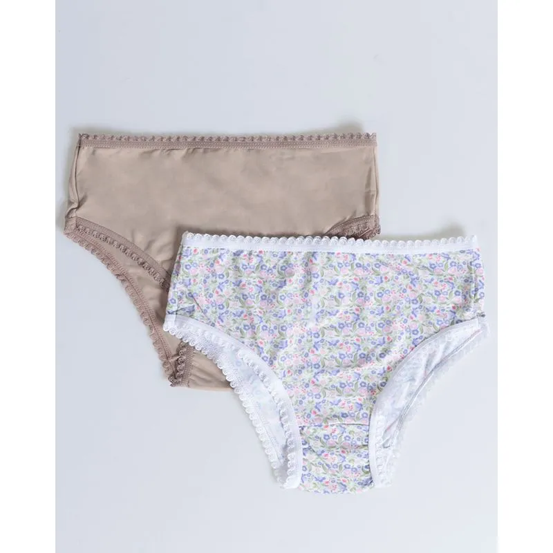 Kit 2 Peças Calcinha Alta Poliamida Floral Bege P