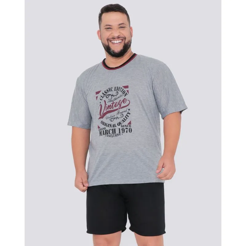 Pijama Curto Masculino Plus Size Estampa Vintage Cinza Claro G1