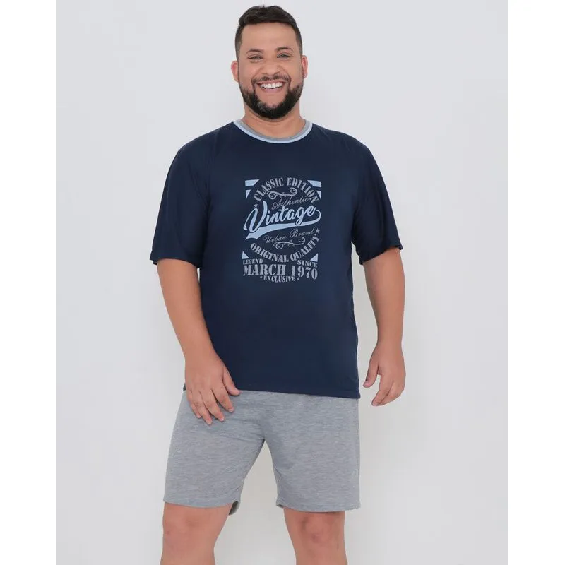Pijama Curto Masculino Plus Size Estampa Vintage Azul Marinho G3