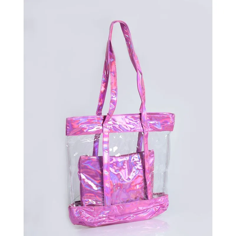 Bolsa De Praia Transparente Com Necessaire Lilás UN