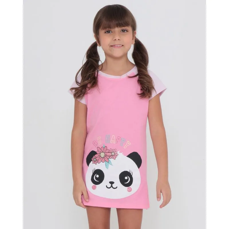 Camisola Infantil Manga Curta Estampa Panda Rosa Claro 6