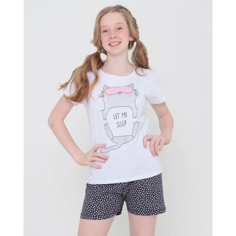 Pijama Juvenil Curto Estampa Gato Branco 14