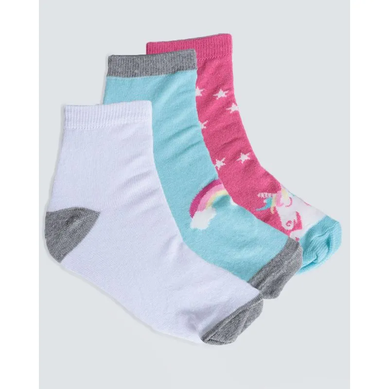 Kit de Meia Infantil 3 Pares Unicórnio Rosa Branca Azul 22 A 25