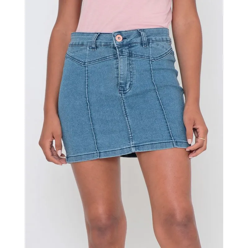 Saia Jeans Com Recorte E Nervuras Azul 46