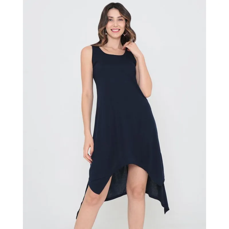 Vestido Midi Assimétrico Malha Canelada Azul Marinho GG