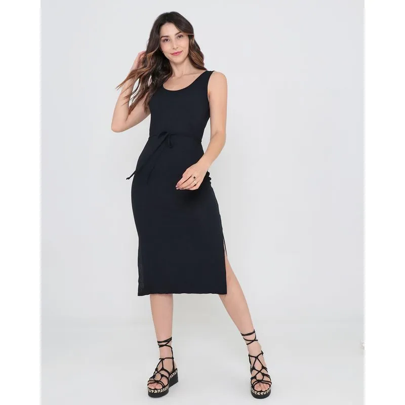 Vestido Midi Com Cinto Canelado Preto M