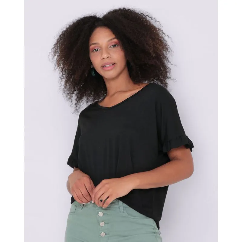 Blusa Manga Curta Com Babados Preta P