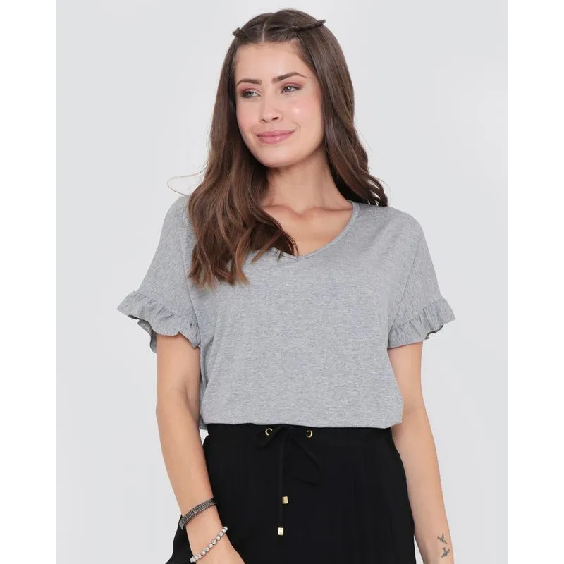 Blusa Manga Curta Com Babados Cinza GG