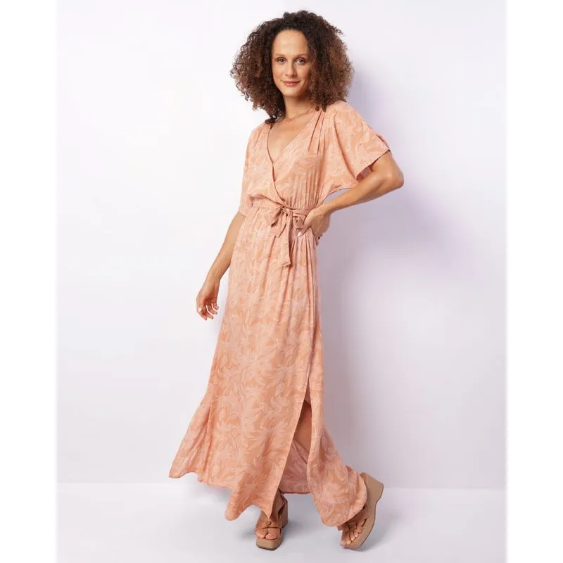 Vestido Feminino Longo Manga 3/4 Estampado Com Fenda Laranja P