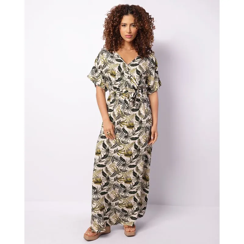 Vestido Feminino Longo Manga 3/4 Estampa Folhagens Com Fenda Verde P