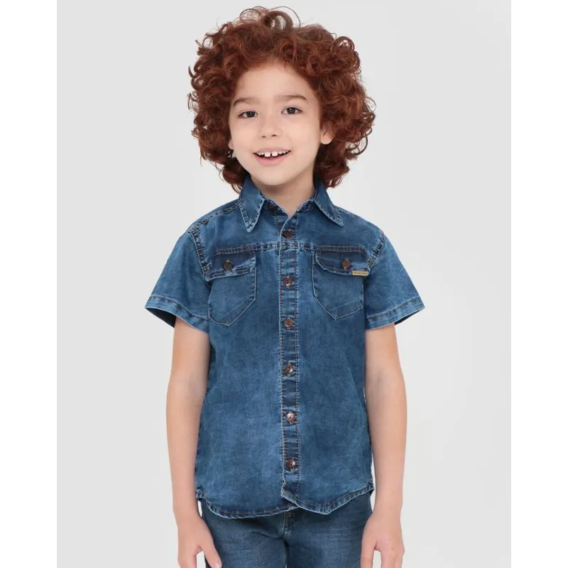 Camisa Jeans Infantil Com Bolsos Azul 4