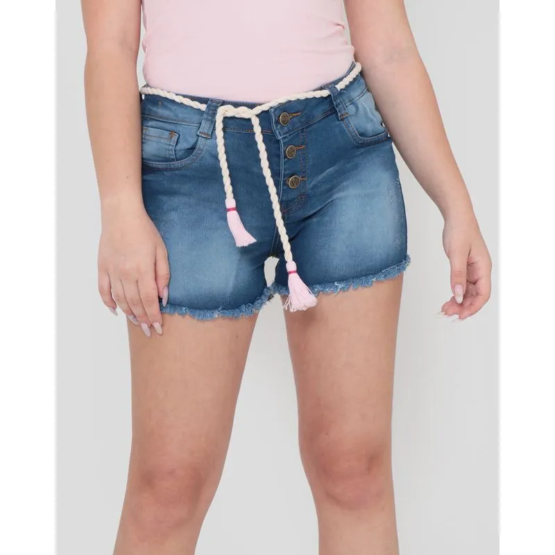 Short Jeans Juvenil Com Cordão Barra Desfiada Denim Azul 12