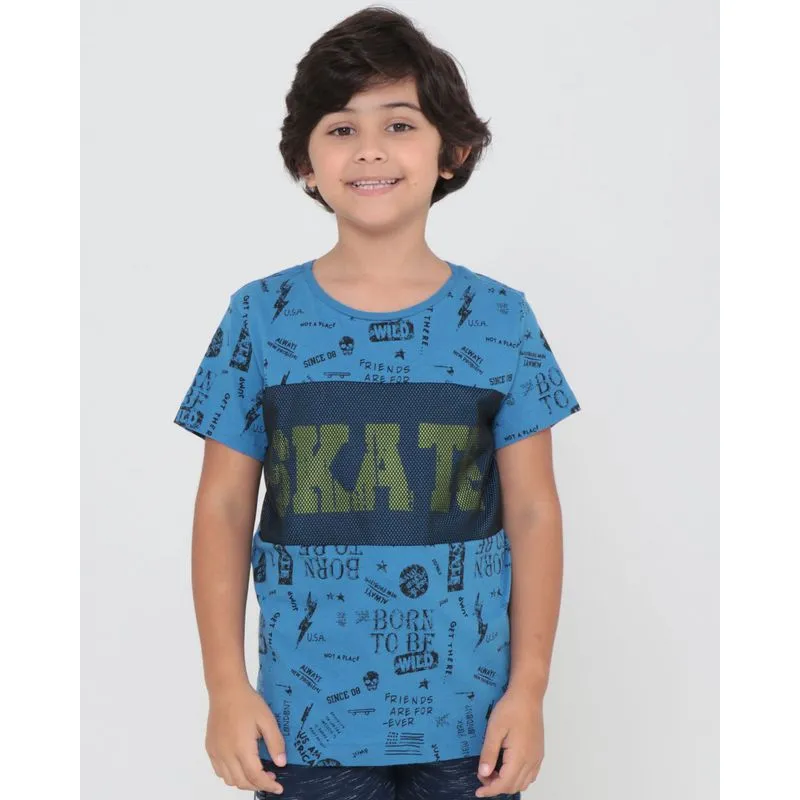 Camiseta Infantil Com Recorte Tule Estampa Skate Azul 8
