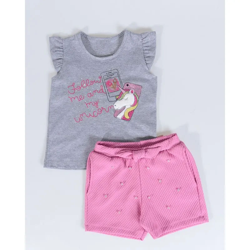 Conjunto Bebê Com Perolas Estampa Unicórnio Cinza 2