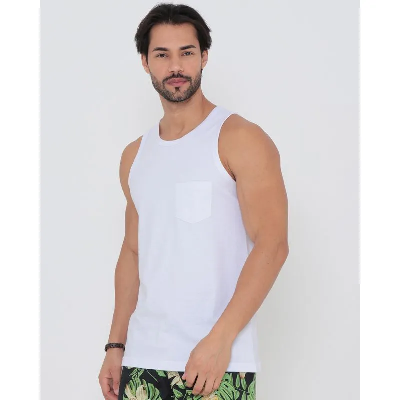 Regata Masculina Com Bolso Básica Lisa Branca GG