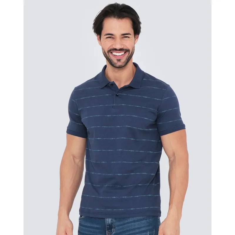 Polo Masculina Listrada Manga Curta Azul Marinho P