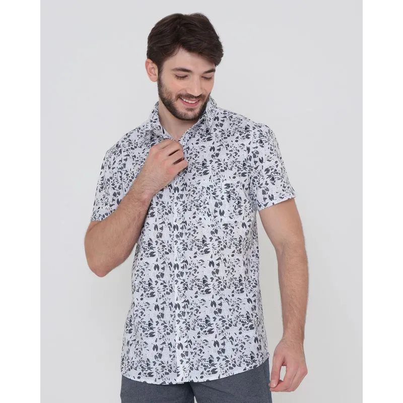 Camisa Masculina Com Bolso Único Estampada Branca 3