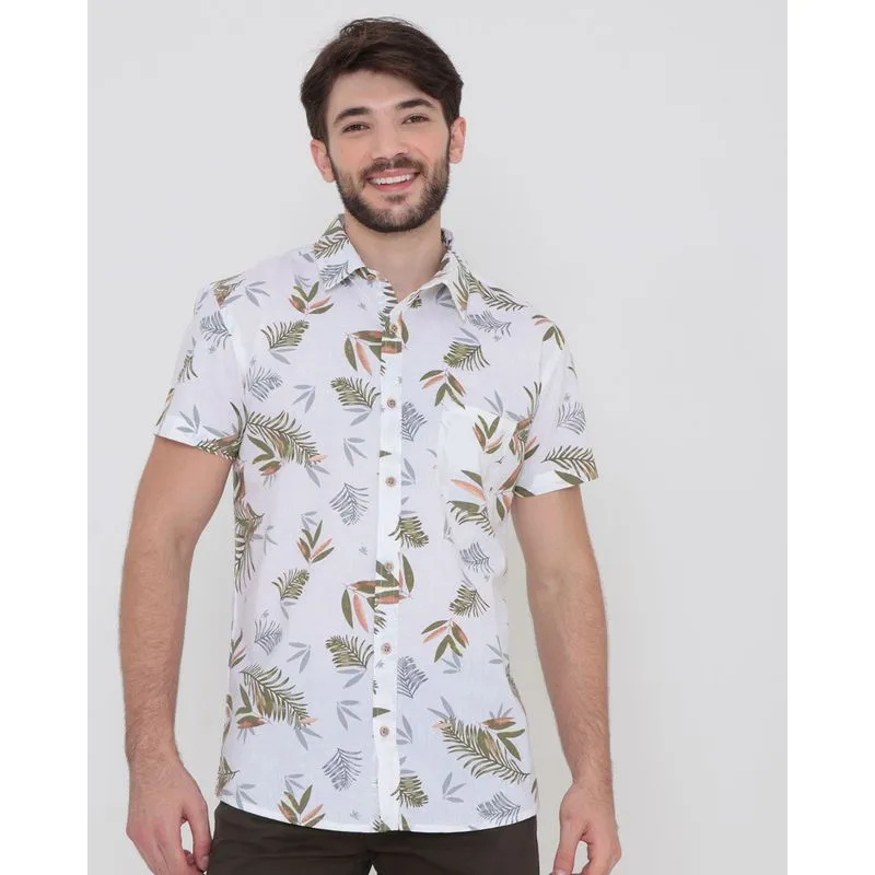 Camisa Masculina Com Bolso Único Estampa Floral Branca 3