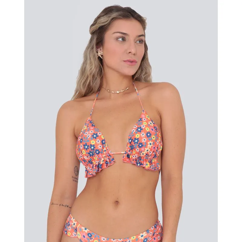 Biquíni Avulso Top Cortininha Babados Floral Laranja P