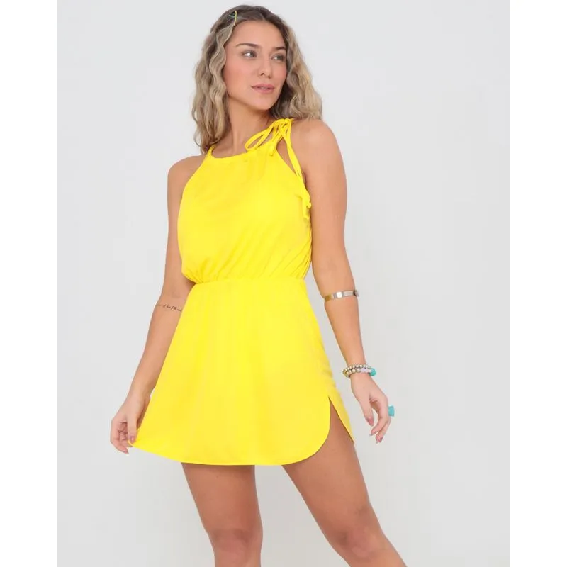 Saída de Praia Vestido Com Amarração Amarelo G
