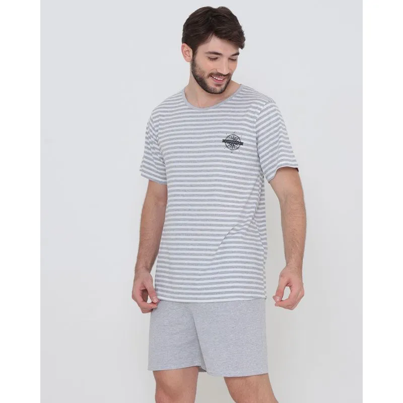 Pijama Masculino Curto Listrado Cinza GG