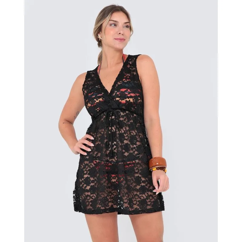 Vestido Saída de Praia em Renda Preto GG