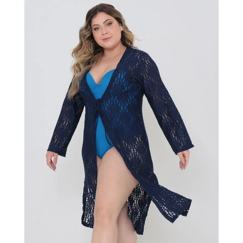 Saída de Praia Plus Size Kimono Manga Longa Marinho G1