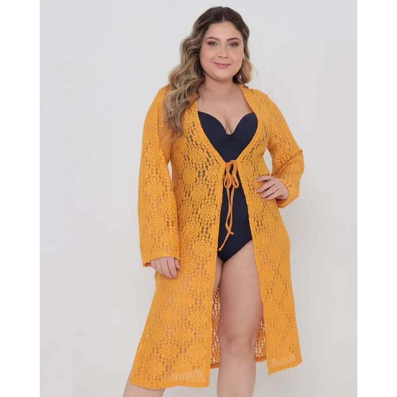 Saída de Praia Plus Size Kimono Manga Longa Mostarda G3