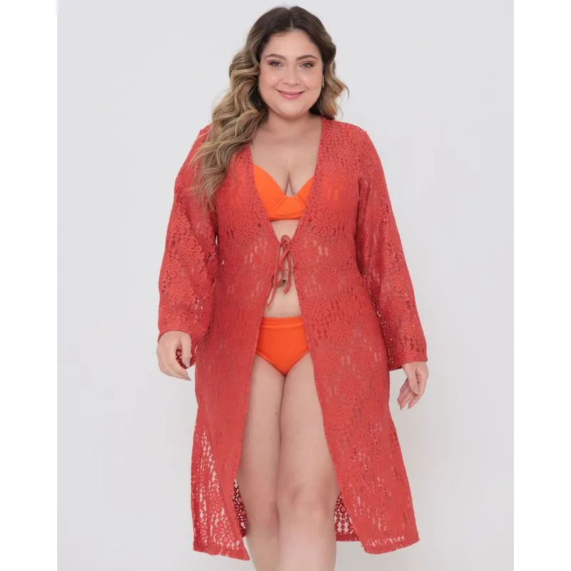 Saída de Praia Plus Size Kimono Manga Longa Terracota G2