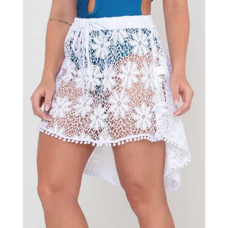 Saída De Praia Saia Renda Pompom Branca GG