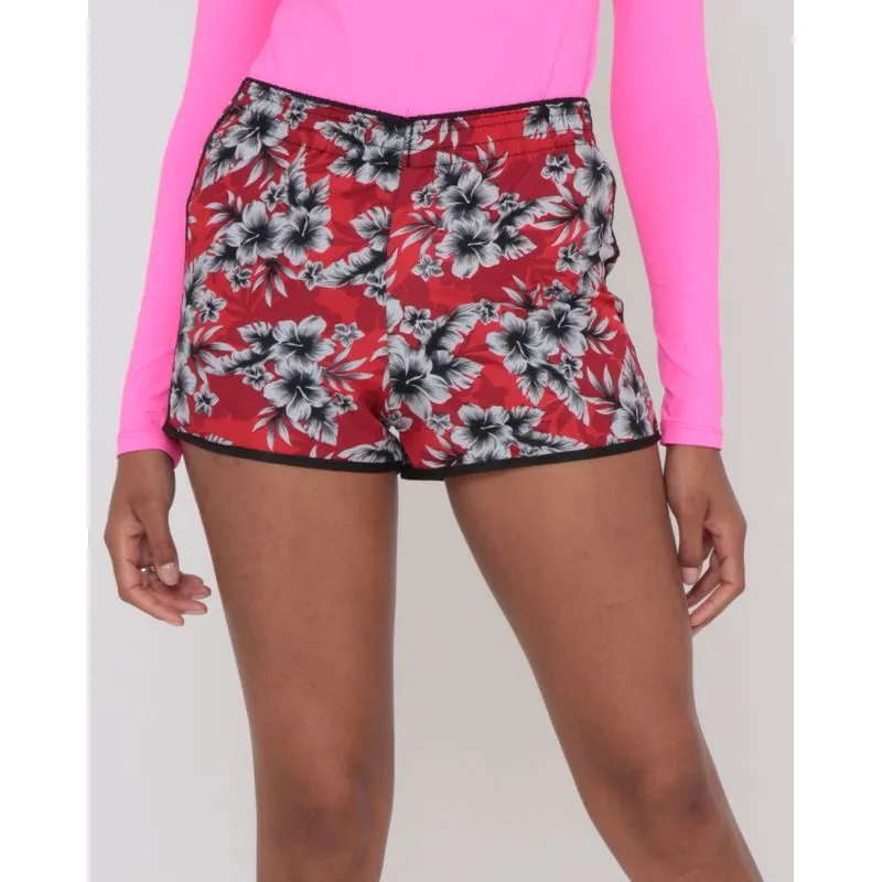 Short Praia Elástico Estampado Floral Vermelho GG