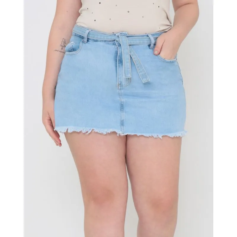 Short Saia Jeans Plus Size Cinto Faixa Denim Azul Claro 46