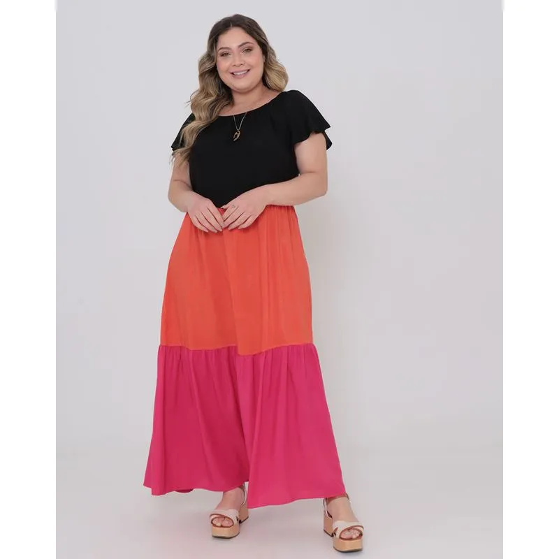 Vestido Plus Size Longo Ciganinha Babados Preto G3