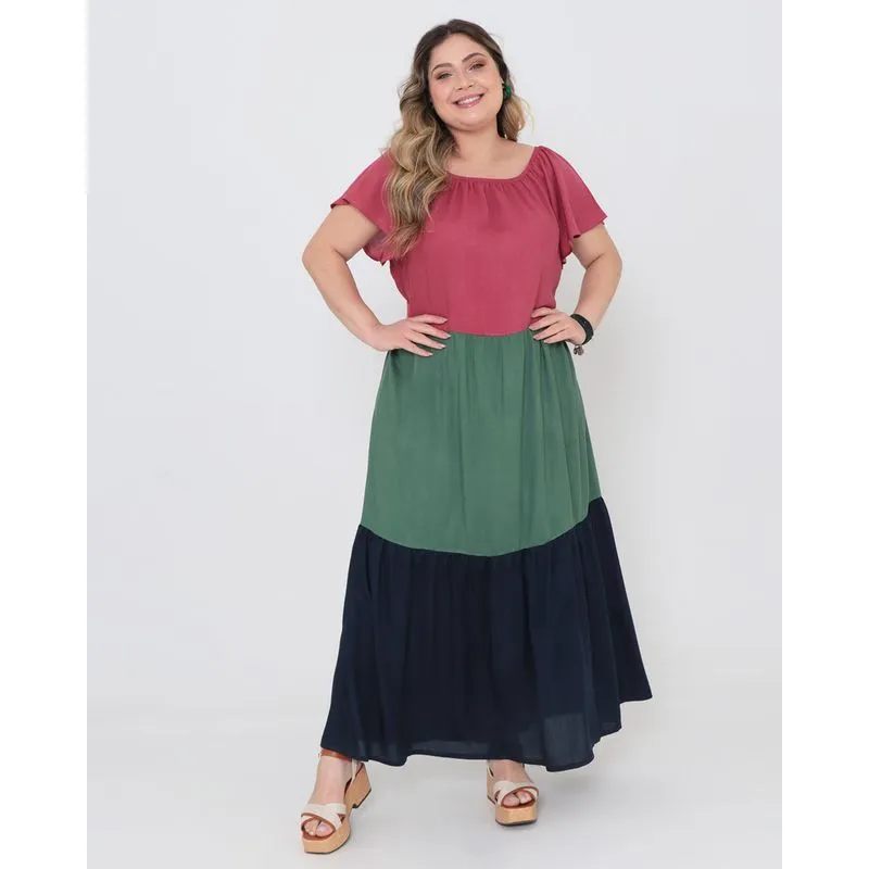 Vestido Plus Size Longo Ciganinha Babados Rosa G2